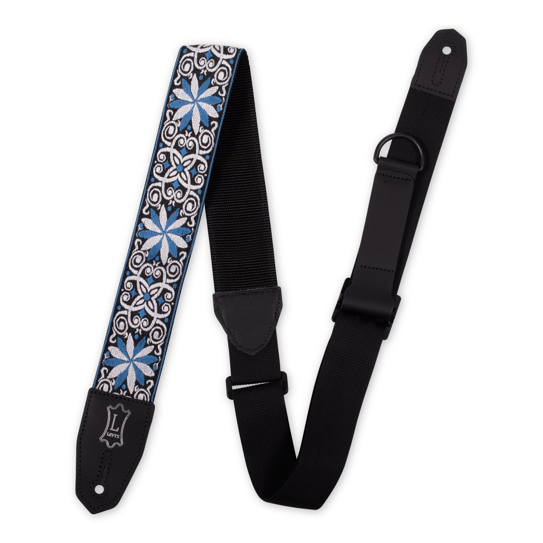 Levy's Guitar Strap - 2-Inch Woven Right-Height with Blue/White/Black Floral Design, Ideal for Musicians